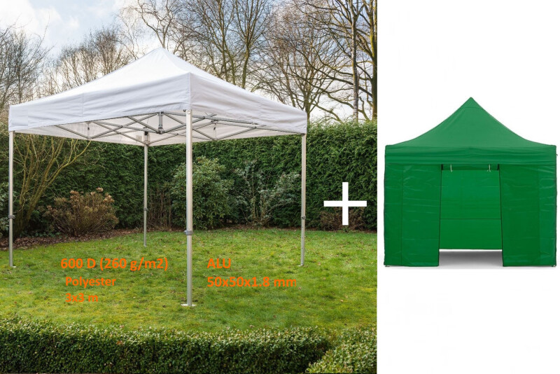 Pop Up sulankstoma balta tentas 3x3 m + žalias stogas ir sienos (50x50x1.8 mm rėmas, N serija)